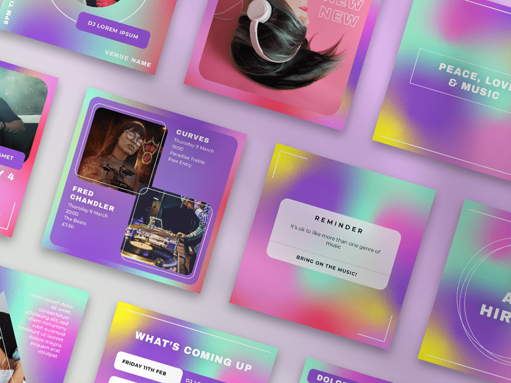 Music Holographic social posts designed for canva and illustrator