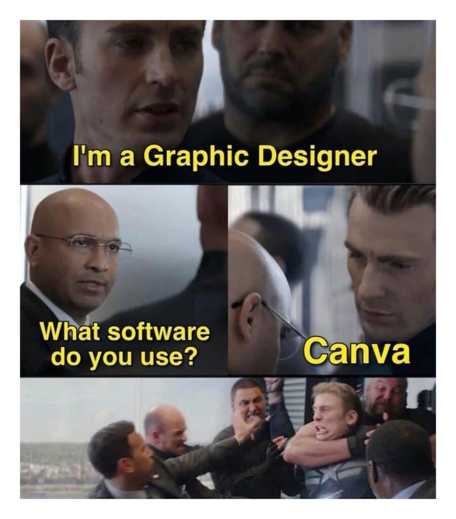 captain america: "I'm a graphic designer" What software do you use? "Canva" People attack him